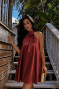 Turtle Neck Backless Brown Satin Mini Dress