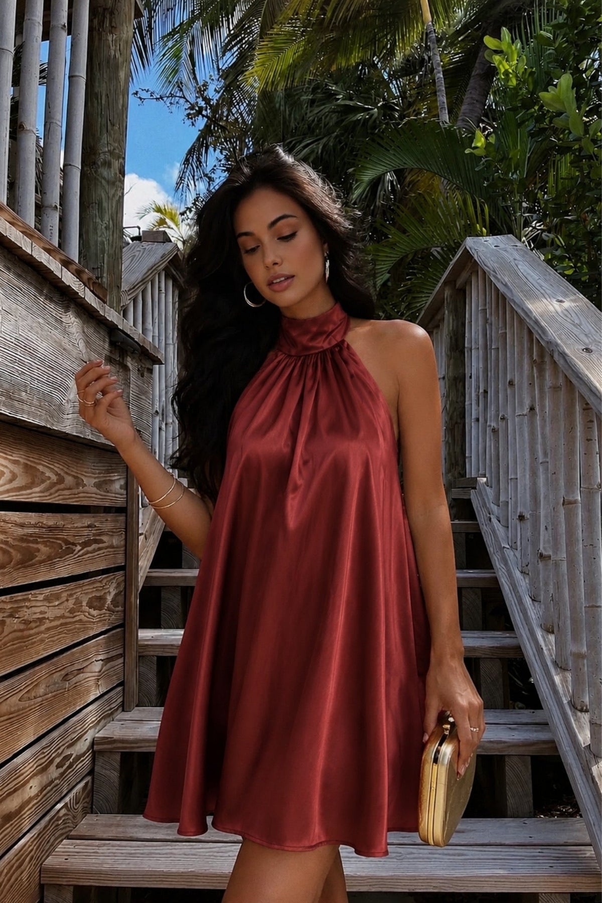 Turtle Neck Backless Brown Satin Mini Dress
