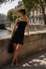 Slit Detailed Linen Mini Black Dress with Rope Straps