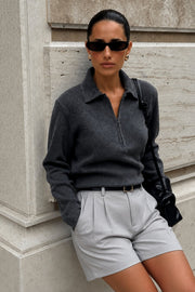 Fermuar Detail Fitted Waist Polo Collar Gray Blouse