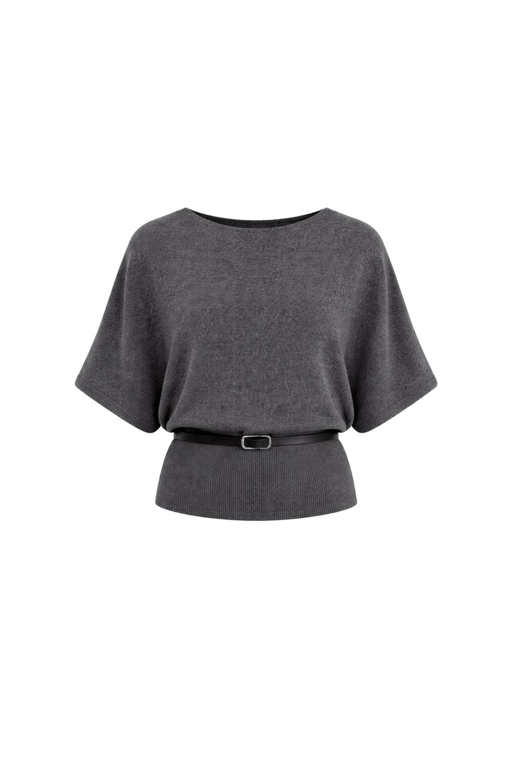 Belt Detail Short Sleeve Boat Neck Anthracite Knit Blouse