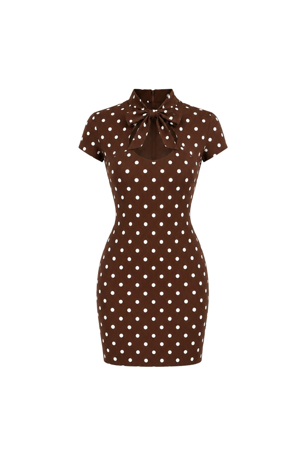 Neck Tie Detail Polka Dot Pattern Brown Mini Dress