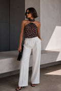 Neck Tie Accessory Detail Brown Polka Dot Blouse