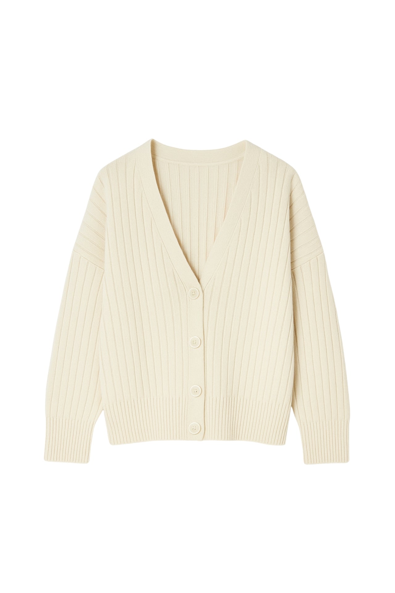 Buttoned V-Neck Ecru Knit Cardigan