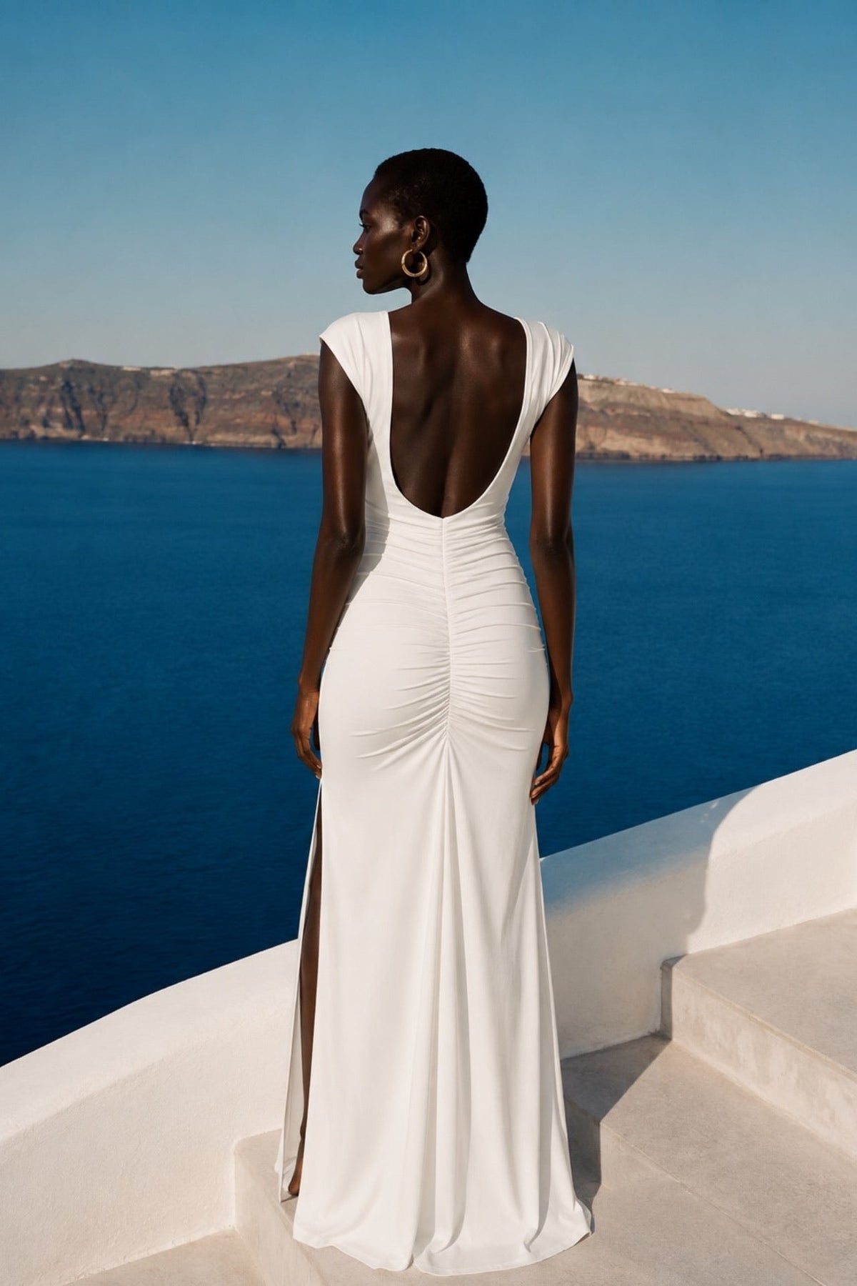 White Maxi Shirred Dress with Shoulder Pad Detail and Slit