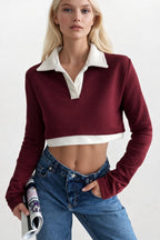 Polo Collar Contrast Detail Crop Burgundy Sweatshirt