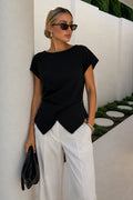 Button Detail Wrap Black Knit Blouse