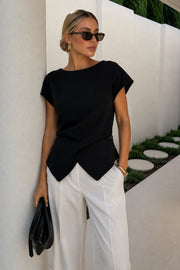 Button Detail Wrap Black Knit Blouse