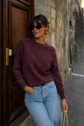 Crew Neck Button Detail Textured Burgundy Blouse