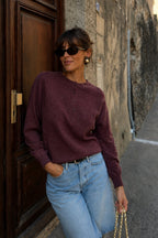 Crew Neck Button Detail Textured Burgundy Blouse