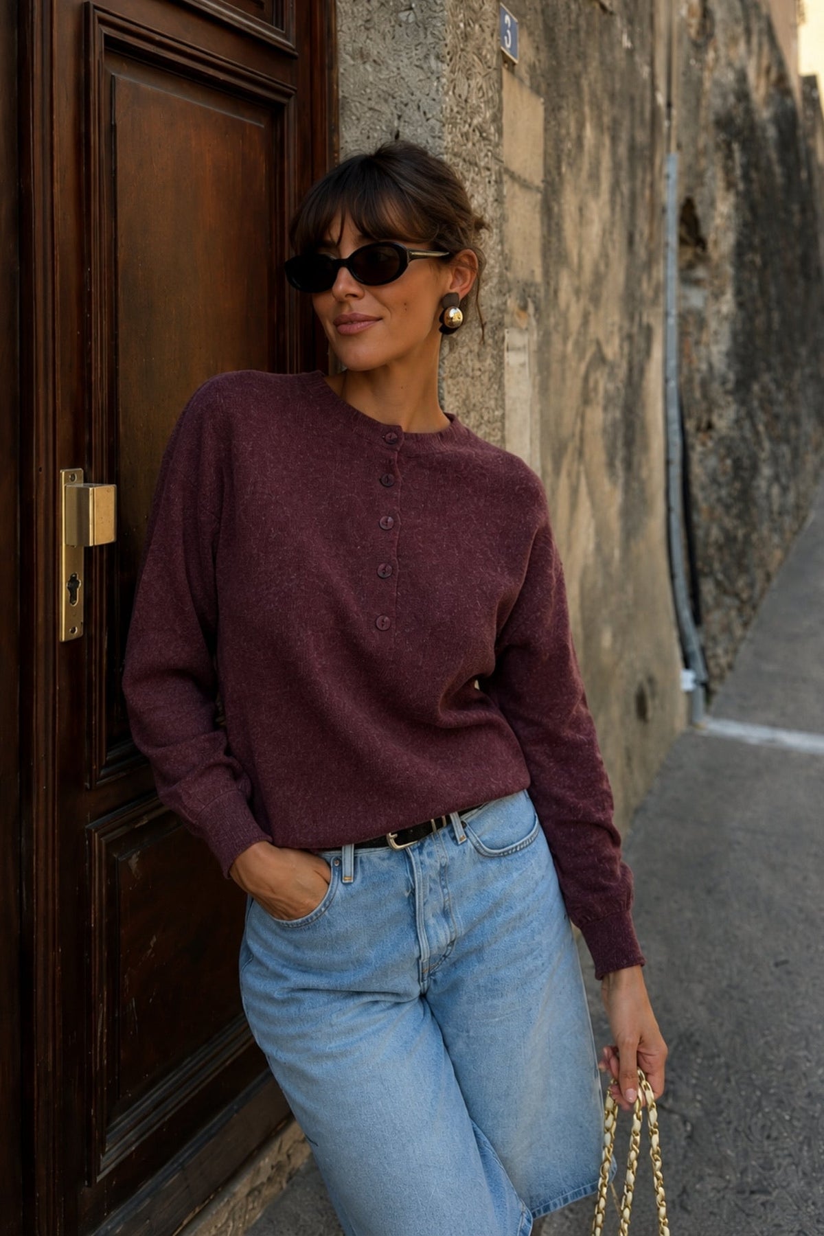 Crew Neck Button Detail Textured Burgundy Blouse