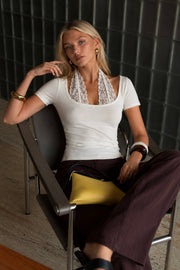 White Short Sleeve Blouse with Collar Lace Detail