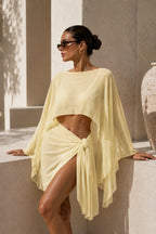 Batwing Boat Neck Crop Blouse Tie-Waist Skirt Two-Piece Yellow Sheer Set