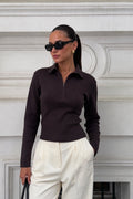 Fermuar Detail Fitted Waist Polo Collar Brown Blouse