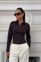 Fermuar Detail Fitted Waist Polo Collar Brown Blouse