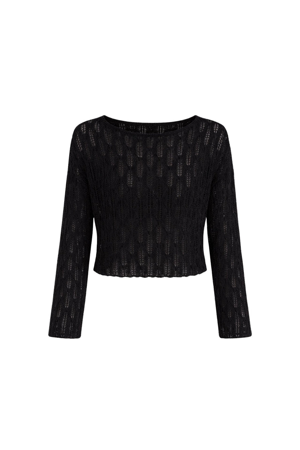 Boat Neck Open-Knit Black Knit Blouse