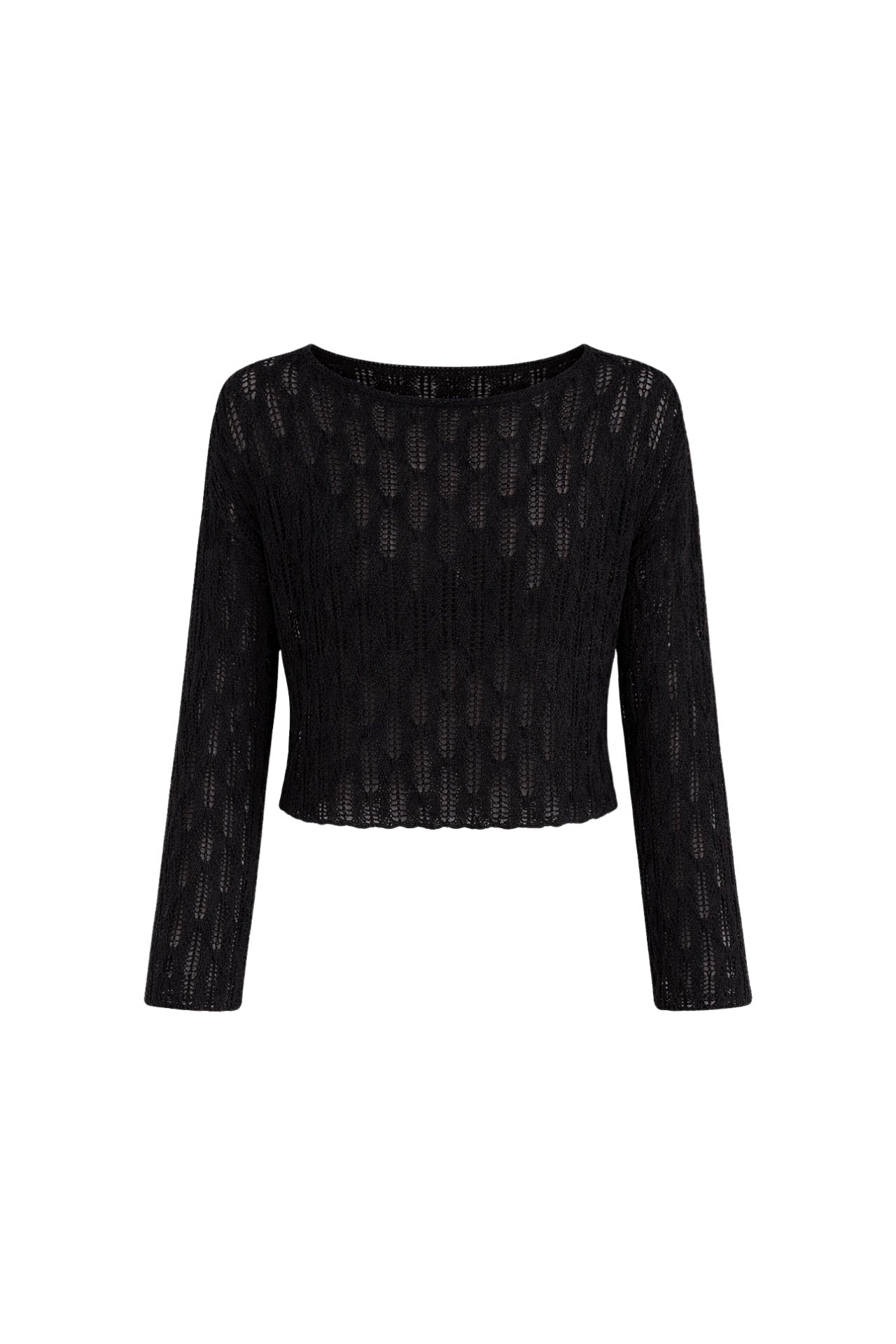 Boat Neck Open-Knit Black Knit Blouse