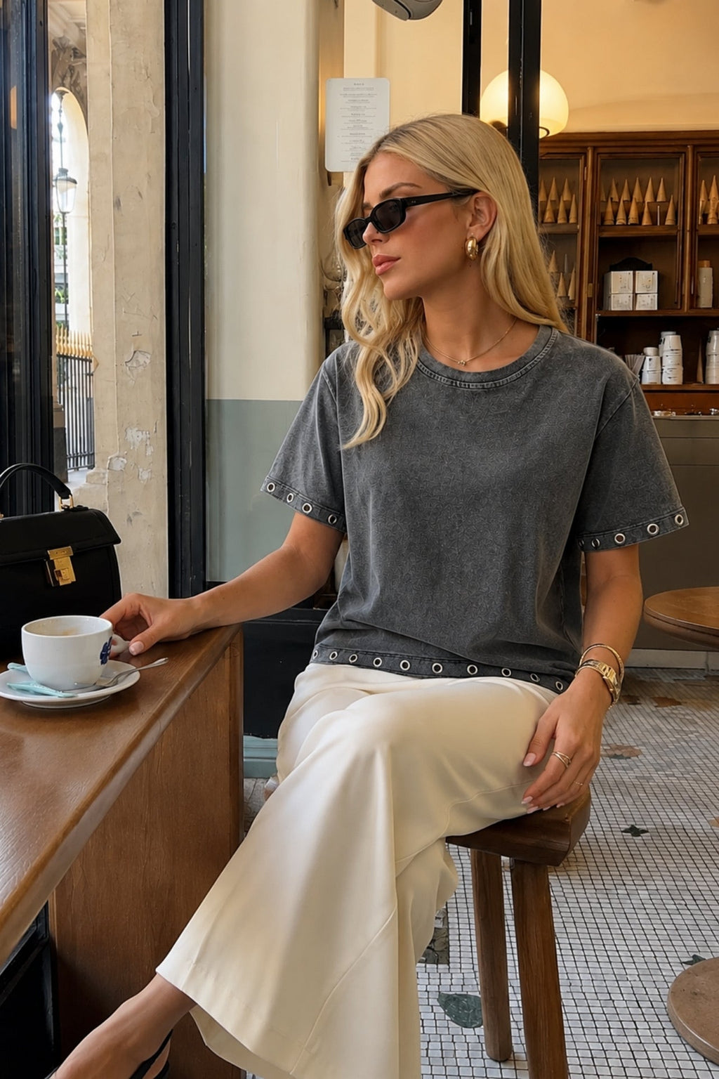 Washed Effect Eyelet Detail Black T-Shirt