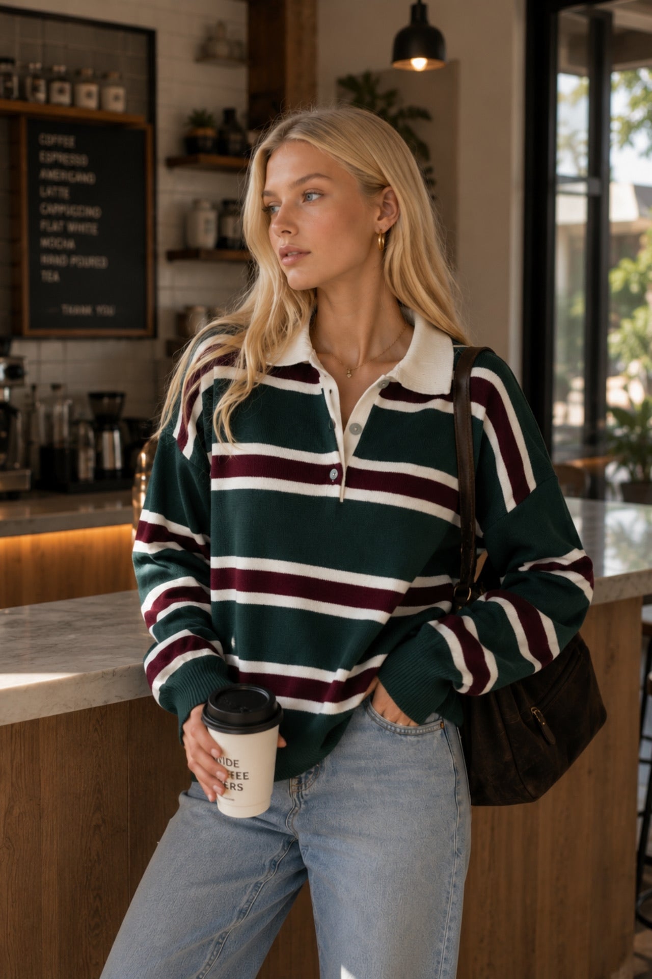 Striped Buttoned Polo Neck Green Knitwear Blouse