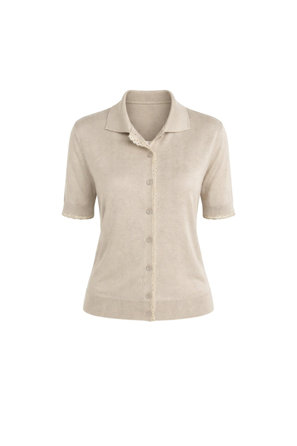 Polo Collar Lace Detail Buttoned Beige Knit Blouse