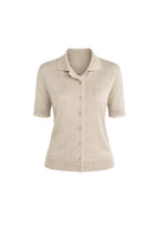 Polo Collar Lace Detail Buttoned Beige Knit Blouse