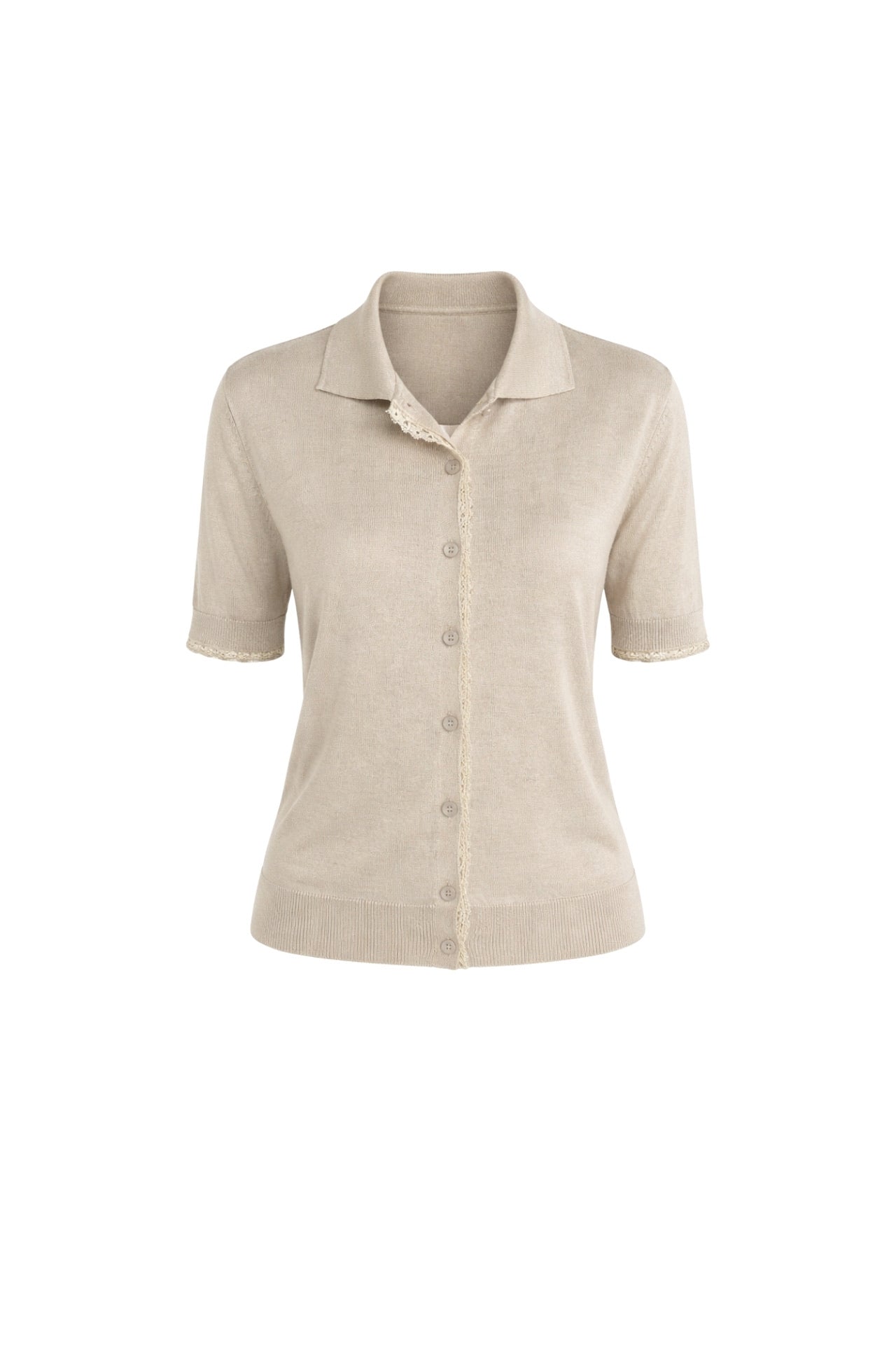 Polo Collar Lace Detail Buttoned Beige Knit Blouse