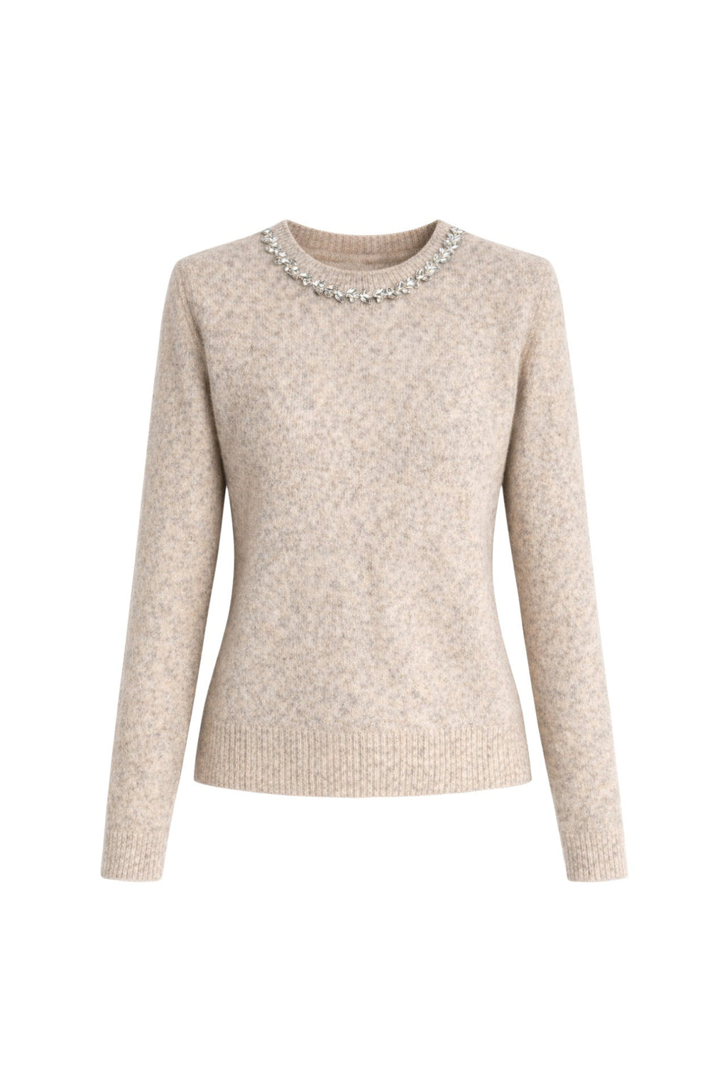 Stone-Embellished Collar Beige Knit Sweater