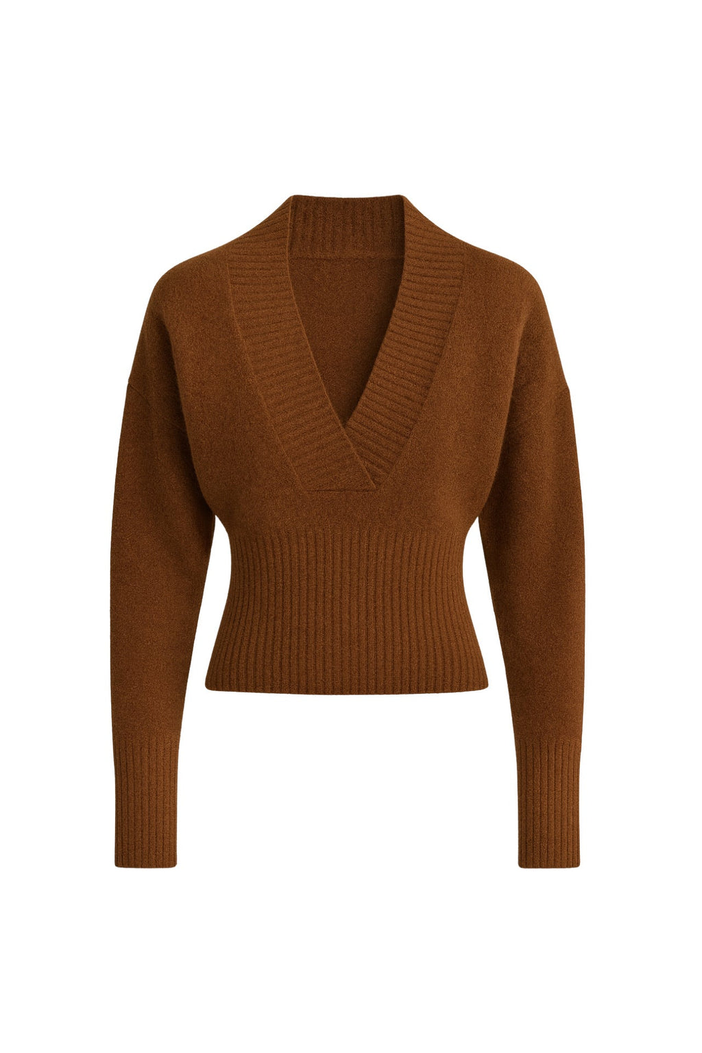 V-Neck Waist-Fitted Brown Knit Sweater