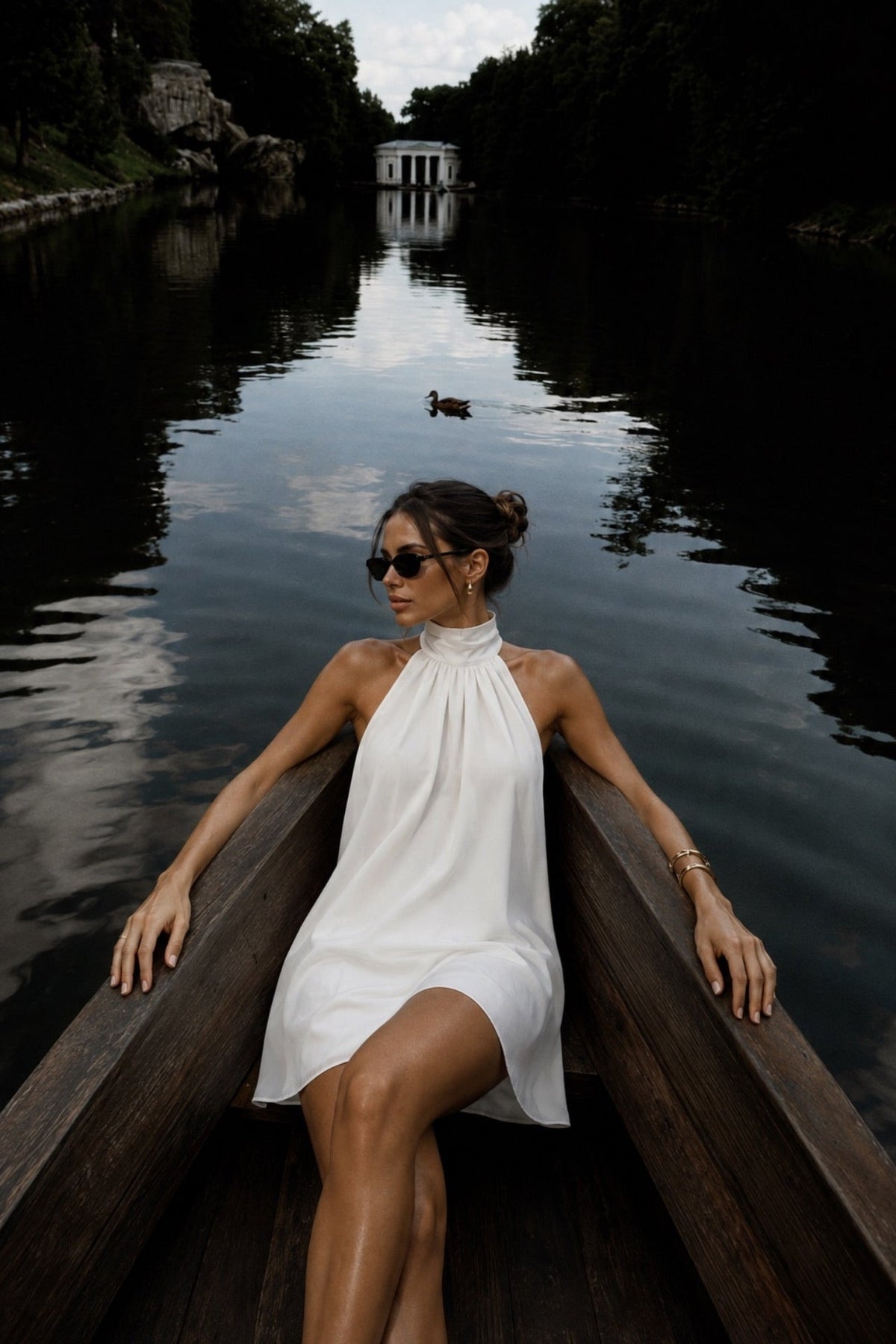 Fisherman Collar Backless Satin Ecru Mini Dress