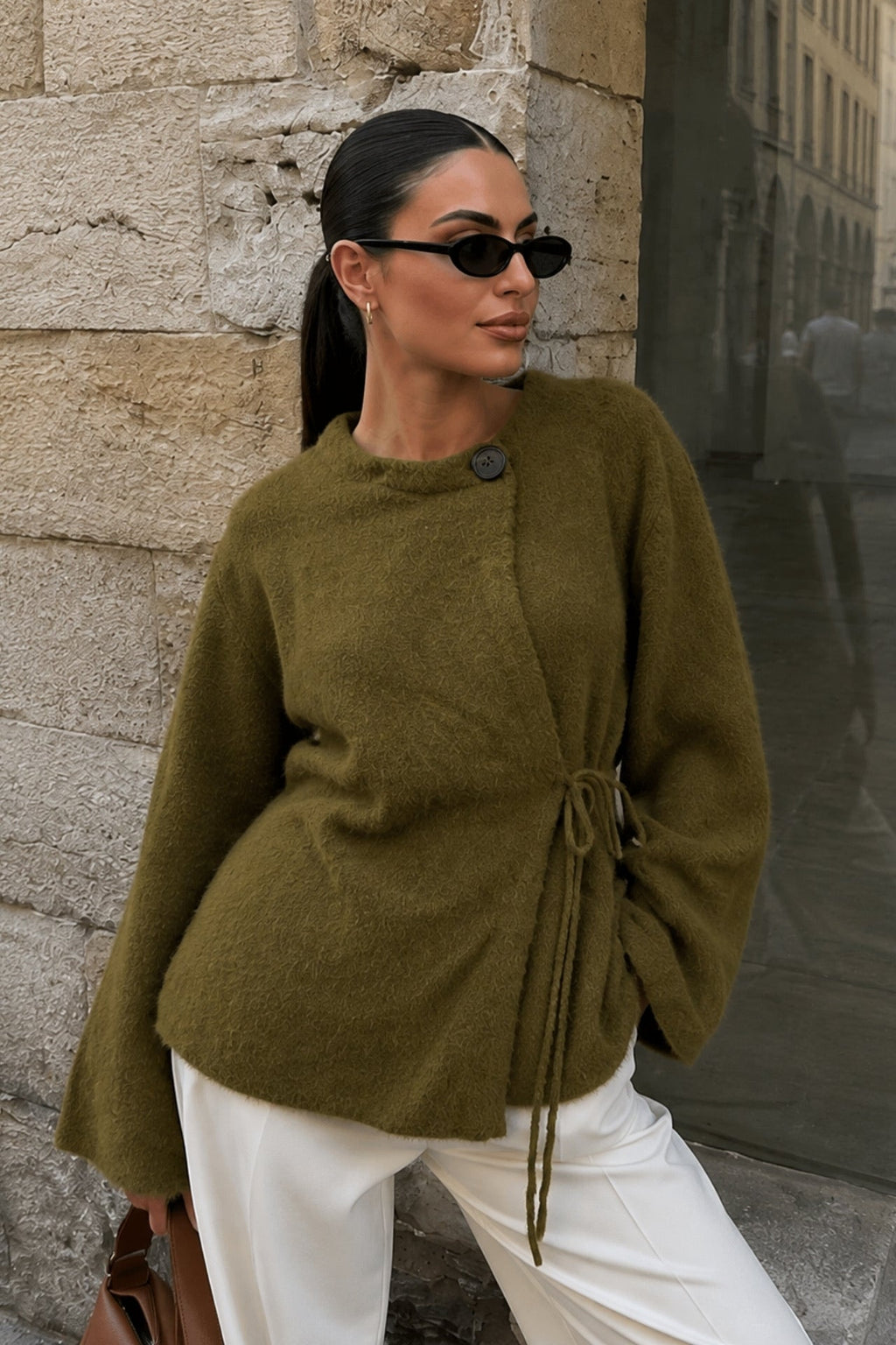 Button Detail Tie-Detail Haki Cape Cardigan