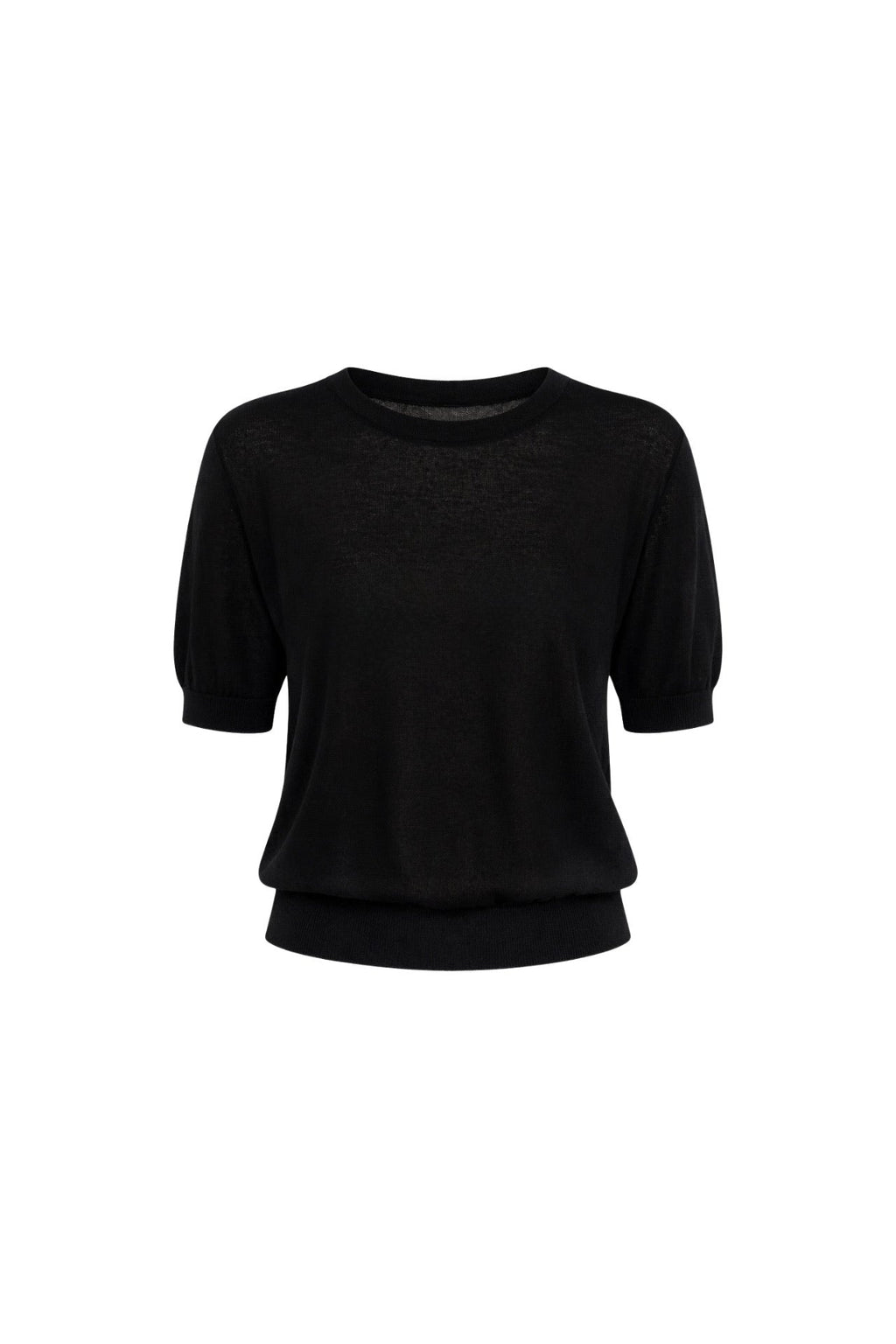 Crew Neck Sheer Textured Black Blouse