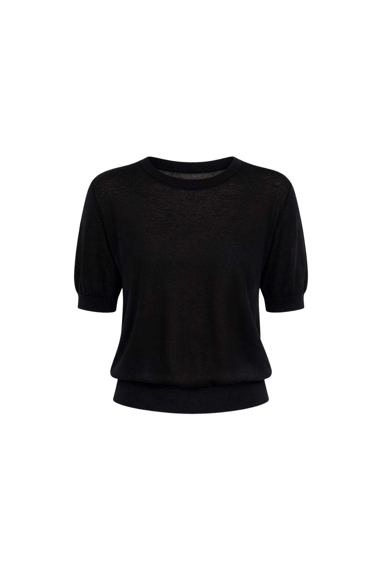 Crew Neck Sheer Textured Black Blouse