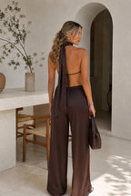 Asymmetric Cut Open-Back Blouse Pants İkili Brown Satin Set