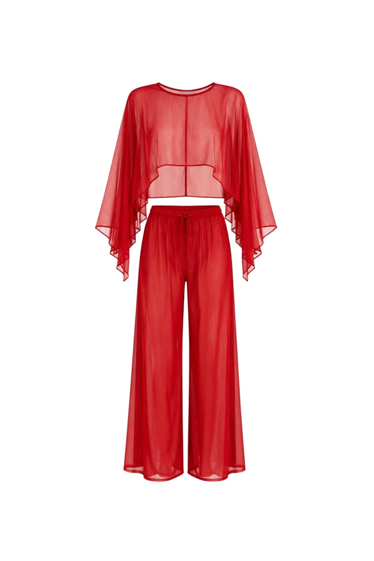 Red Two-Piece Set with Wide Collar Crop Transparent Blouse and High-Waisted Pants