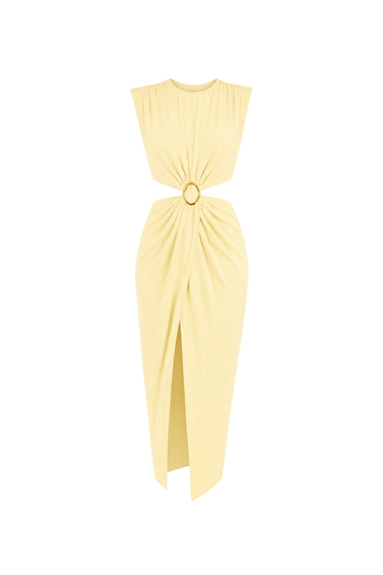 Accessory Detail Slit Maxi Yellow Linen Dress