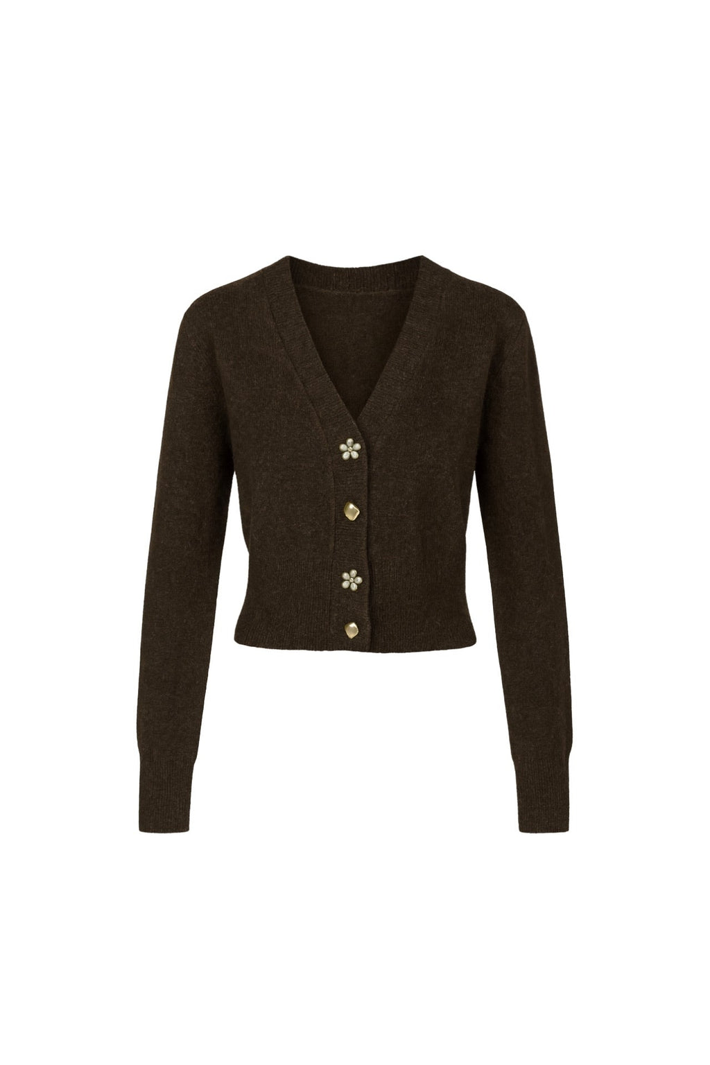 V-Neck Accessory Detail Brown Knit Cardigan
