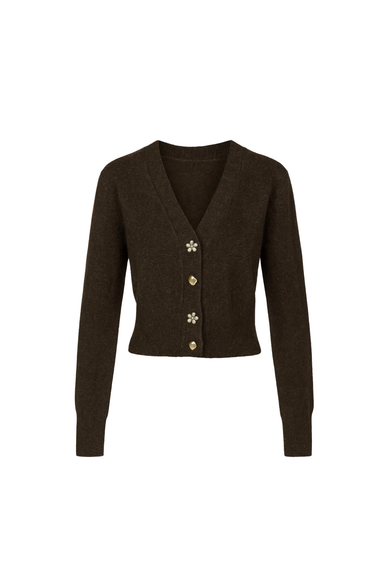 V-Neck Accessory Detail Brown Knit Cardigan
