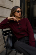 Accessory Detail Crew Neck Burgundy Knit Cardigan