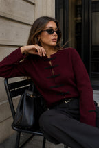 Accessory Detail Crew Neck Burgundy Knit Cardigan