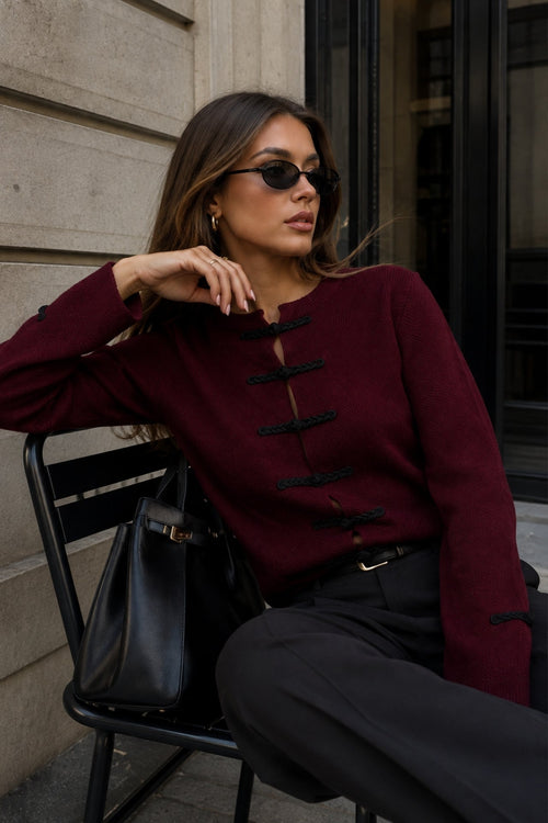 Accessory Detail Crew Neck Burgundy Knit Cardigan