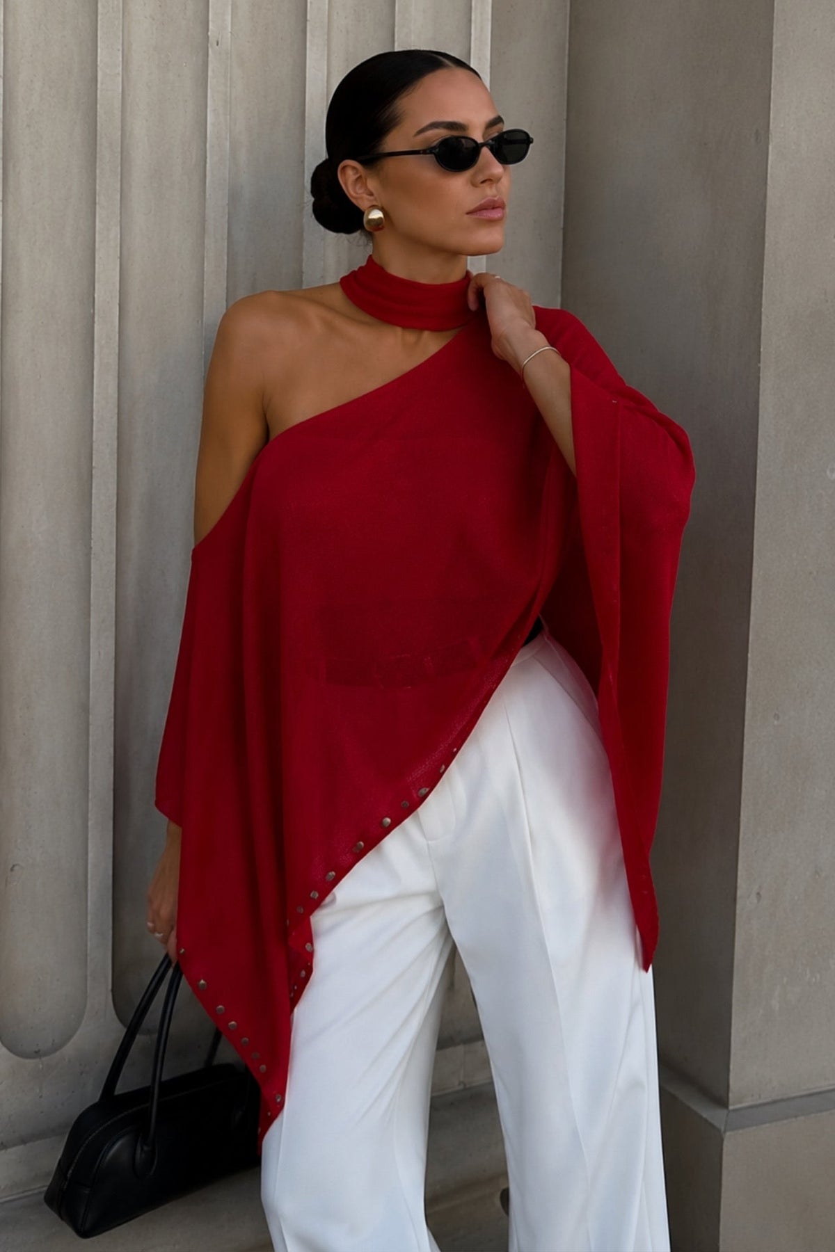 Shawl Detail Studded Red Cape Blouse