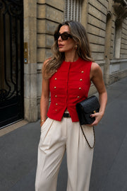Button Detail Sleeveless Red Knit Waistcoat