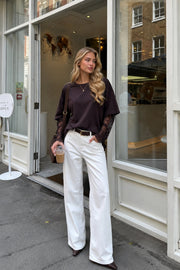 Crew Neck Lace Detail Brown Oversized T-Shirt