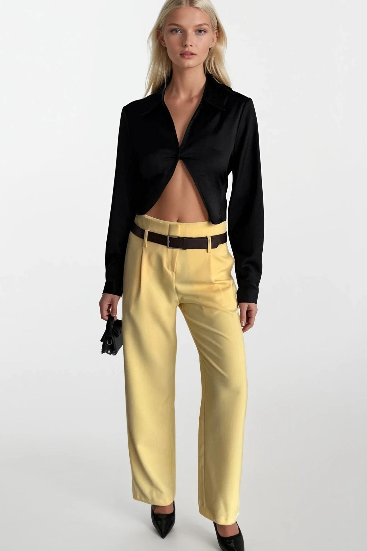 Belt Detail High Waist Yellow Pants