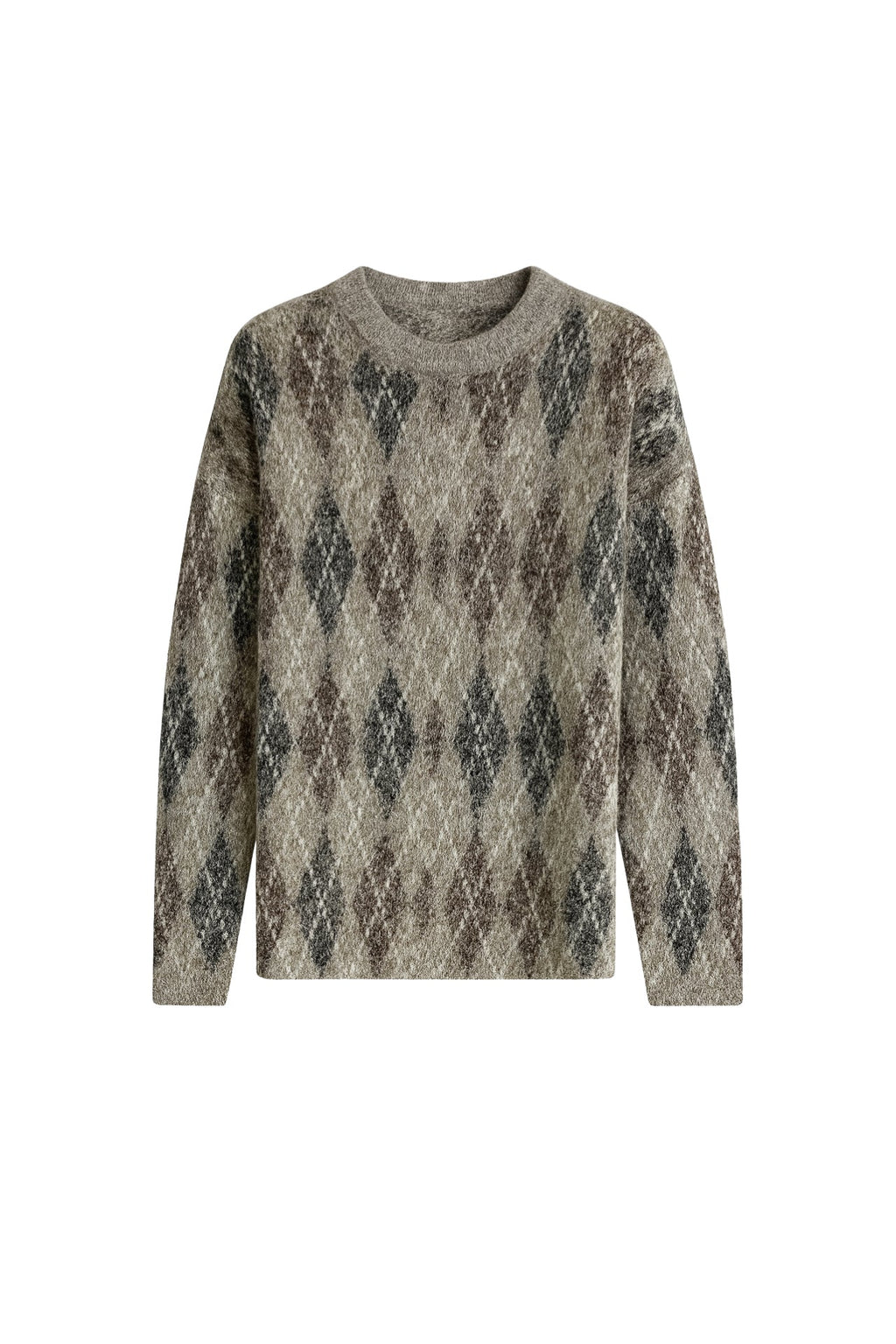 Crew Neck Argyle Pattern Stone Knit Sweater