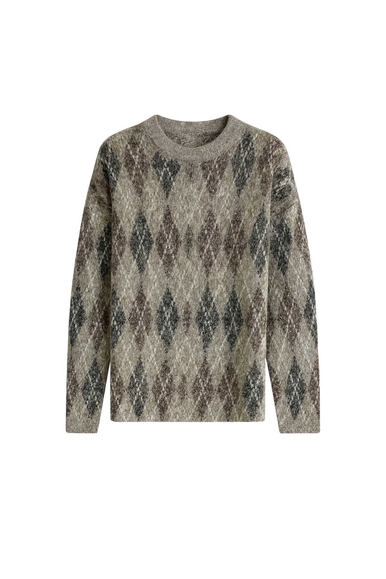 Crew Neck Argyle Pattern Stone Knit Sweater