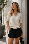 V-Neck Lace Detail Mink Knitwear Blouse