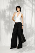 Pleat Detail Lace-Up Black Linen Trousers