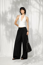 Pleat Detail Lace-Up Black Linen Trousers