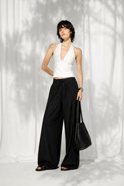 Pleat Detail Lace-Up Black Linen Trousers